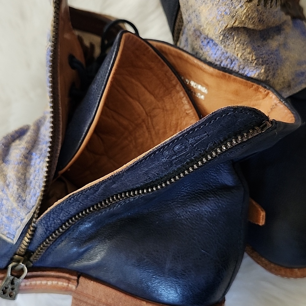 A.S. 98 Navy Blue and Tan Leather Studded Boho Ankle Boots, 37 - Picture 8 of 15